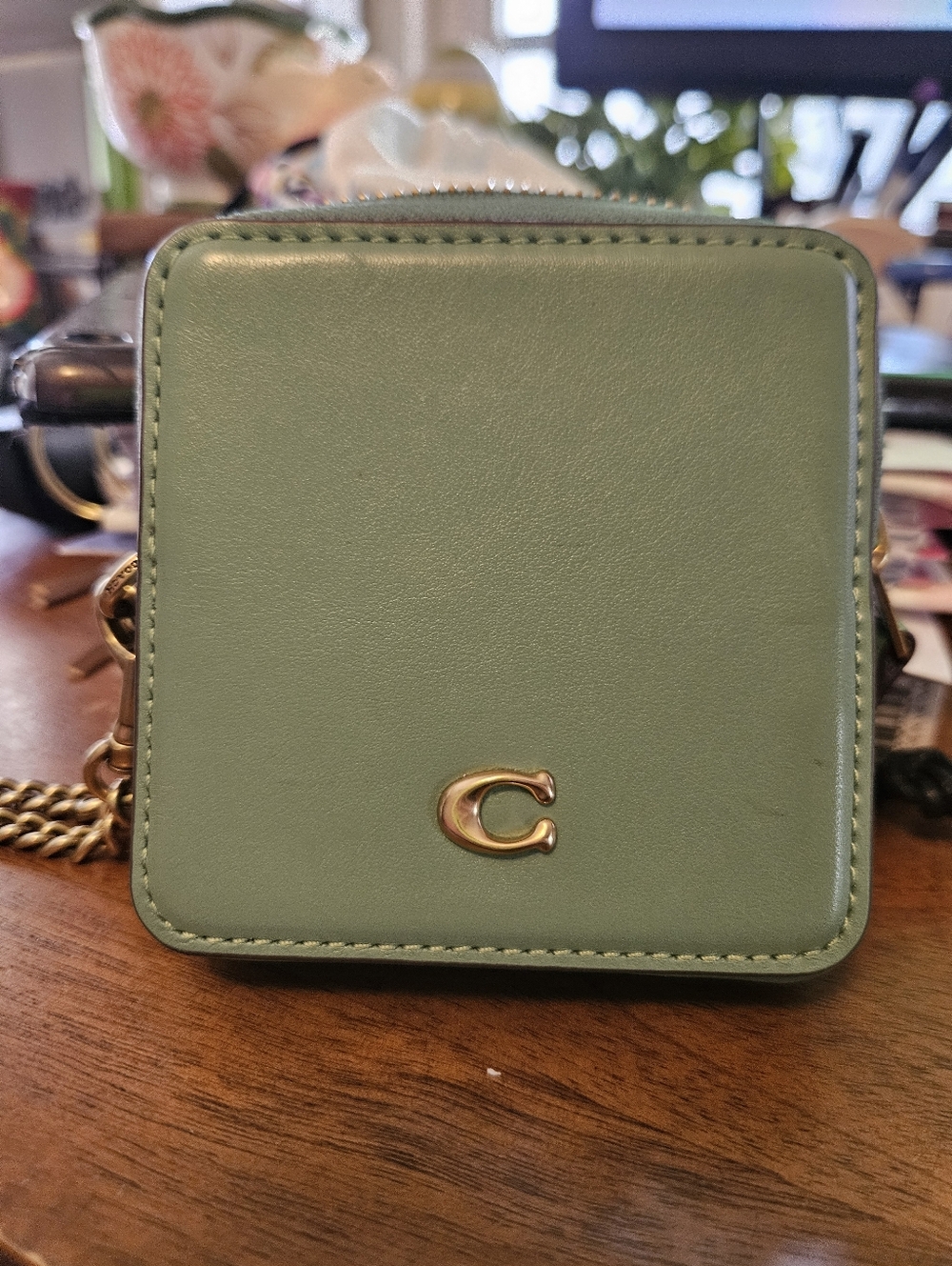 Coach Mint Green Square Wallet with Gold 'C' Accent